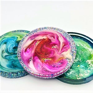 Coasters-Resin Coasters-Drinkware-Home Decor-Gifts-Swirl Design-Pink , Blue and Green. Silver Glitter Back