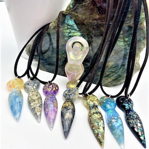 Spiral Goddess Resin Necklace, Aquamarine, Rose Quartz, Abalone Shell