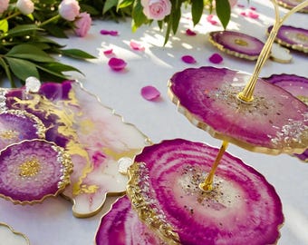 Gilded Amethyst Collection | Luxury Resin Serveware Set | Geode Cake Stand, Tray & Coasters | Handmade Statement Decor