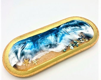 Oval Trinket Tray-Beach Decor- Ocean with waves with Abalone Shells - Wooden Ocean Tray