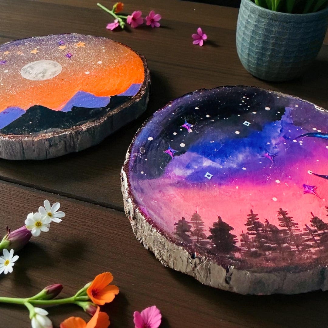 Moon Coaster Hand Painted Wood Slice Coasters Set | Cosmic Moon Coasters | Galaxy ...