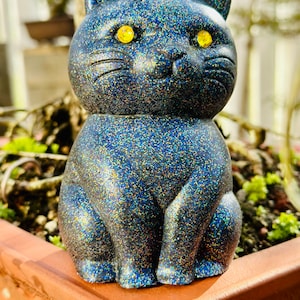 Black Cat Statue / Figurine- Midnight Black -  Galaxy Cat - Sitting Cat - Yellow Gem stone eyes -Whimsical Cat
