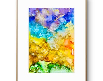 Colorful Alcohol Ink Abstract Wall Art | Original Vibrant Modern Painting |Fluid Ink Artwork with Gold Accents | Contemporary Home Decor Gif