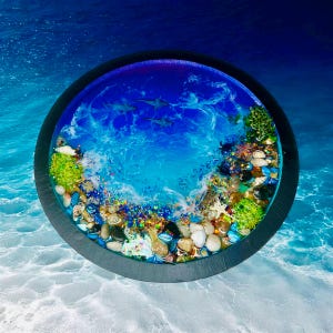 Ocean Resin Tray with  Sharks, Rocks ,Shells – Beach Decor, Coastal Wave Art, Handmade Tray