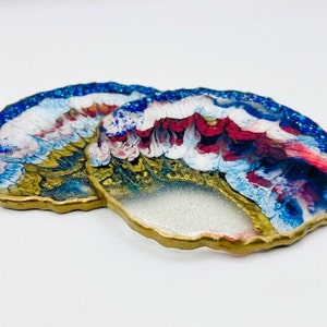 Untersetzer -Resin Untersetzer, Blau, Rot, Weiß und Gold -Achat Untersetzer -Home Decor