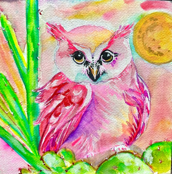 Original Watercolor Pink Owl on Cactus - Etsy.de