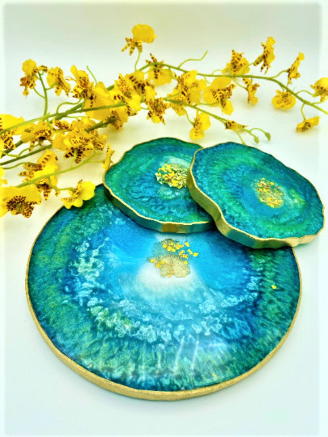 Tray and Coaster Set Resin BLUE GREEN GOLD Decorative Tray Home Decor