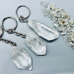 Raw Clear Quartz Crystal Keychain - Silver Tone
