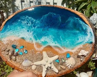 Losa de madera oceánica de resina epoxi: decoración playera hecha a mano (28 x 20 cm)