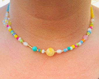 Colorful Beaded Summer Necklace -  Quartzite Necklace - Y2K Beaded Necklace - Trendy Summer Necklace - Freshwater Pearl Necklace