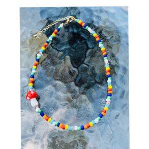 Colorful Beaded Necklace With Mushroom Charm  - Layering Necklace -  Choker Necklace - Trendy Summer Necklace - Y2K Beaded Charm Necklace