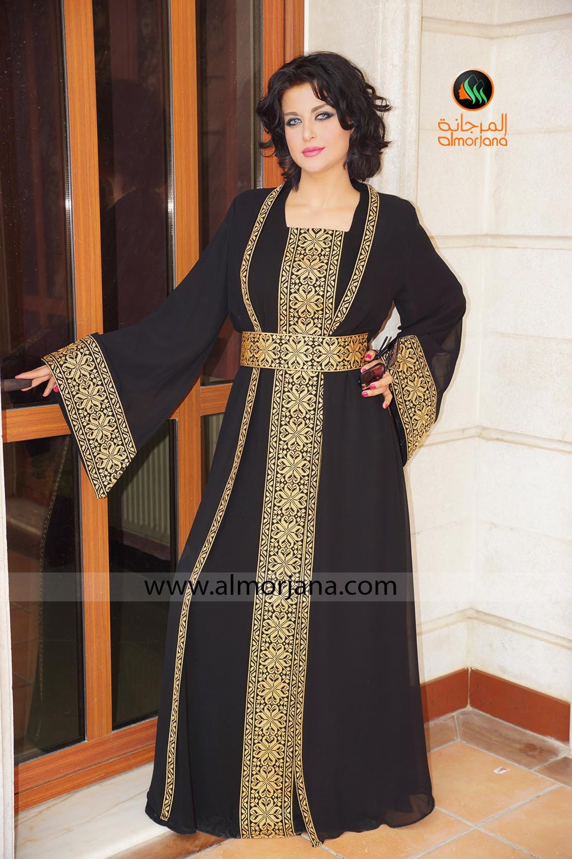 2 Pieces Black Embroidered Palestinian Kaftan with Belt Etsy