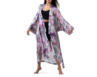 Sade satin floral  waterlily print kimono style robe, dressing gown, duster jacket, day wear, night wear, standard size, plus size, pink