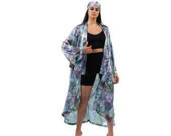 Sade satin floral  waterlily print kimono style robe, dressing gown, duster jacket, day wear, night wear, standard size, plus size, blue