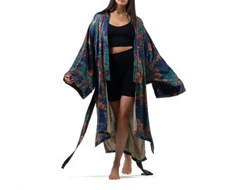 Sade satin navy chrysanthemum and bamboo print kimono style robe, dressing gown, duster jacket, day wear, night wear, standard plus size