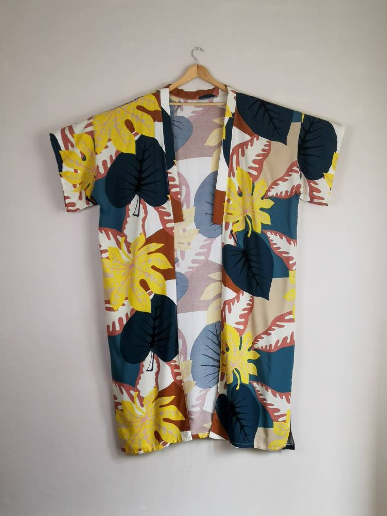 Full length kimono tropical palm print robe, kimono cover up, duster jacket, beach cover up, day wear, night wear, standard size, plus size image 4