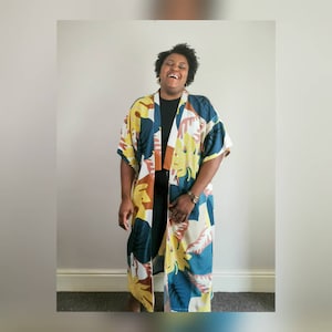 Full length kimono tropical palm print robe, kimono cover up, duster jacket, beach cover up, day wear, night wear, standard size, plus size