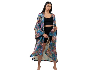 Sade satin floral brushstroke print kimono style robe, royal blue dressing gown, duster jacket, day wear, night wear, standard plus size