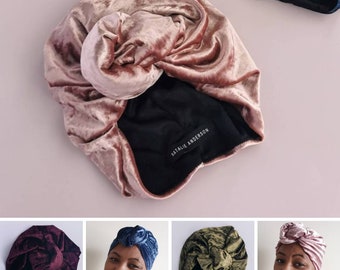 Crushed Stretch Velvet knot top turban- slinky lined, pre tied head wrap,  hair scarf, small, medium, large- 4 colours