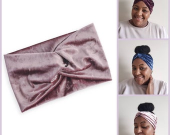 Crushed Stretch Velvet twist turban headband, ear warmer, cold weather - pre tied head wrap,  hair scarf, small, medium, large- more colours