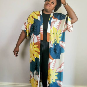 Full length kimono tropical palm print robe, kimono cover up, duster jacket, beach cover up, day wear, night wear, standard size, plus size image 2