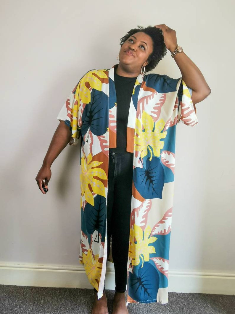 Full length kimono tropical palm print robe, kimono cover up, duster jacket, beach cover up, day wear, night wear, standard size, plus size image 2