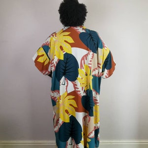 Full length kimono tropical palm print robe, kimono cover up, duster jacket, beach cover up, day wear, night wear, standard size, plus size image 3