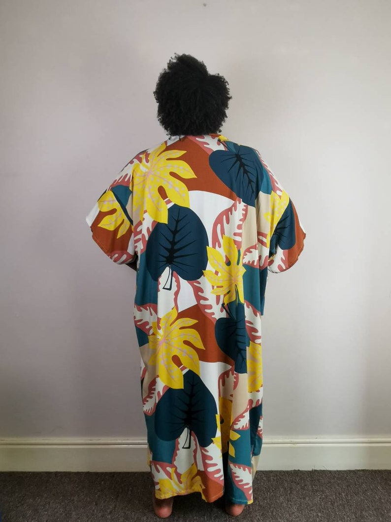 Full length kimono tropical palm print robe, kimono cover up, duster jacket, beach cover up, day wear, night wear, standard size, plus size image 3