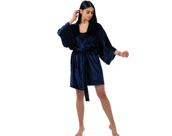 Veronique Samt Robe, Cover up, Loungewear, Dessous, Nachtwäsche, Standardgröße, Plus Size, Luxus, marineblau, Morgenmantel