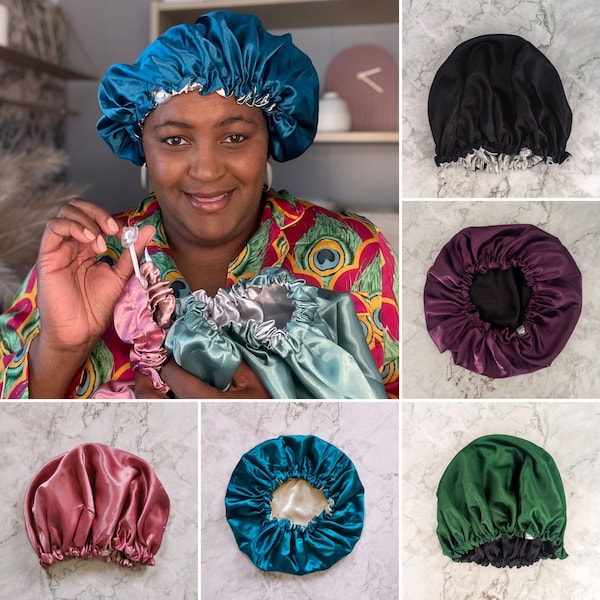 NEW stay on satin bonnet "Sleep Well" , adjustable elastic 8+ colours, Hair wrap, double layer, silky satin charmeuse lined