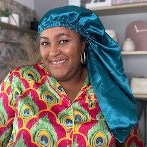 NEW stay on LONG satin bonnet &quot;Sleep Well&quot; , adjustable elastic 5+ colours, Hair wrap, double layer, silky satin charmeuse lined- 6 colours