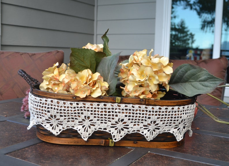 Wicker basket for bedroom Fall decorative basket, Upcycled basket Kitchen fruit basket Crochet lace trim Table centerpiece