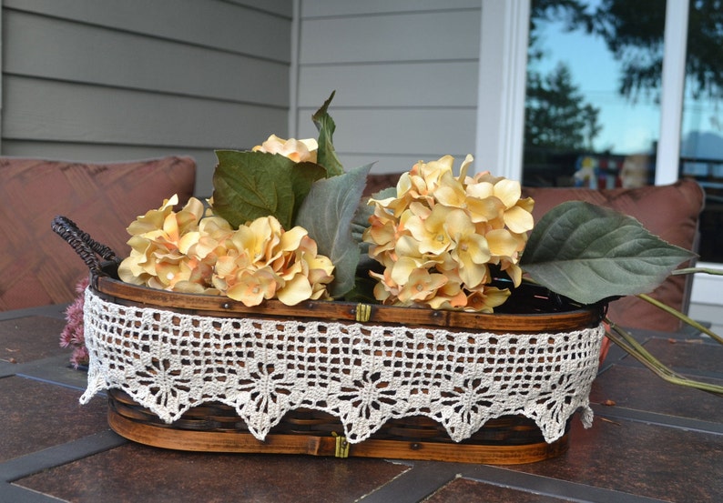 Wicker basket for bedroom Fall decorative basket, Upcycled basket Kitchen fruit basket Crochet lace trim Table centerpiece