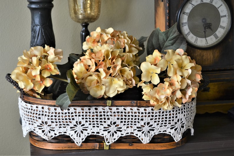 Wicker basket for bedroom Fall decorative basket, Upcycled basket Kitchen fruit basket Crochet lace trim Table centerpiece
