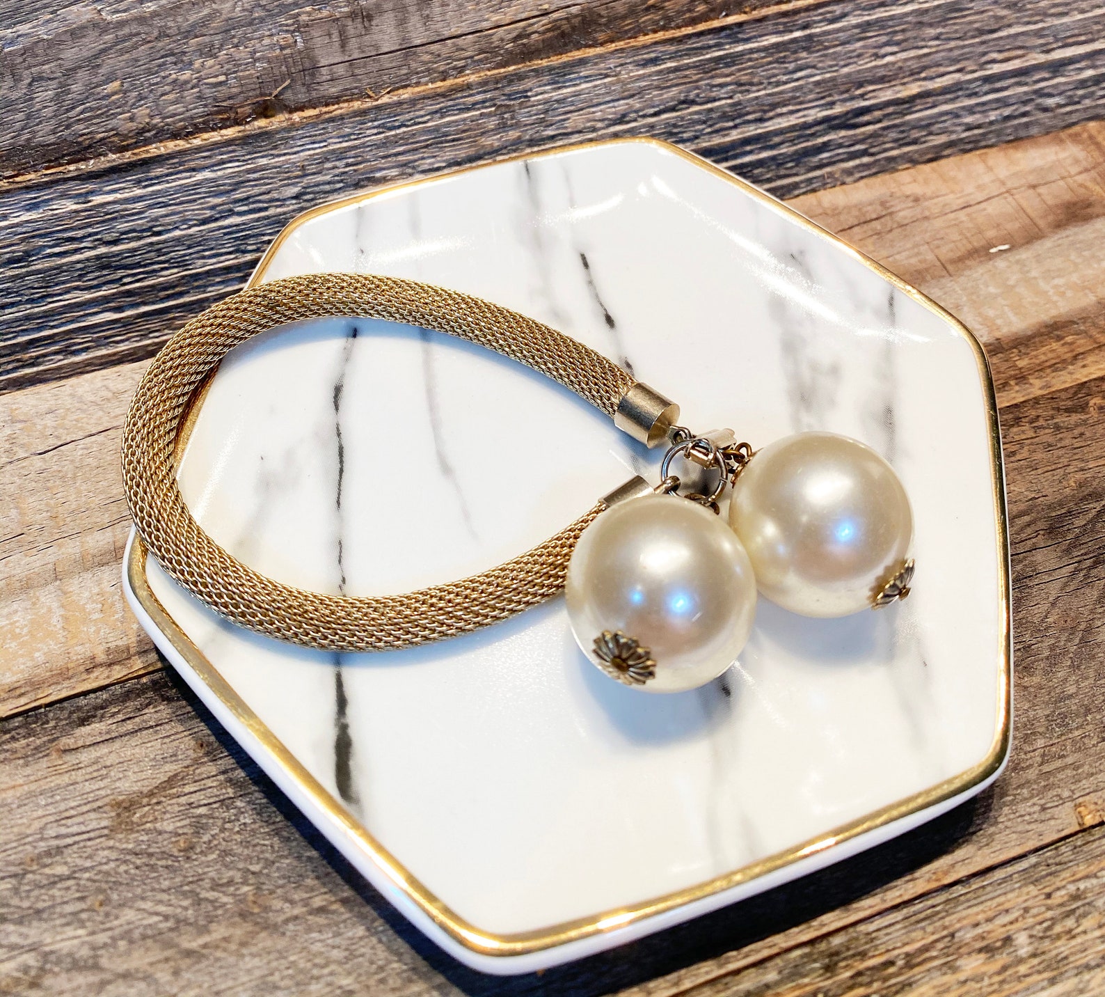 Vintage Gold Tone Mesh Faux Pearl Bracelet Gift for Her Etsy Denmark