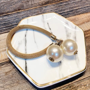 Vintage Gold Tone Mesh Faux Pearl Bracelet Gift For Her