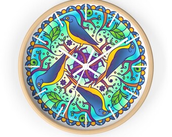 Blue Birds Mandala Wall Clock, Quiet 10" Round Clock, Home Decor, Birthday Gift, Wedding, Kitchen, Modern Wall Clock