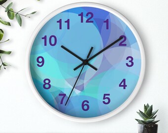 Blue Circles Wall Clock, Kitchen Clock, Quiet 10" Round Clock, Home Decor, Birthday Gift, Wedding, Kitchen, Modern Wall Clock