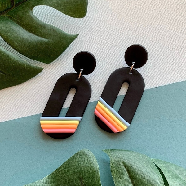 Retro Rainbows | Black Oval Dangly Earrings | Funky Groovy Vintage 70’s Rainbow Earrings | Polymer Clay Earrings