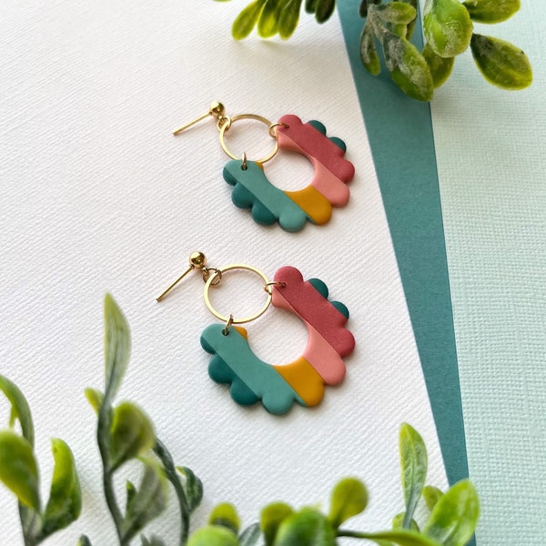 Scalloped Hoops | Rainbow Petals | Gold Dangles | Polymer Clay Earrings | Summer Party Fiesta Floral Ruffles Stripes Cute Colorful Handmade