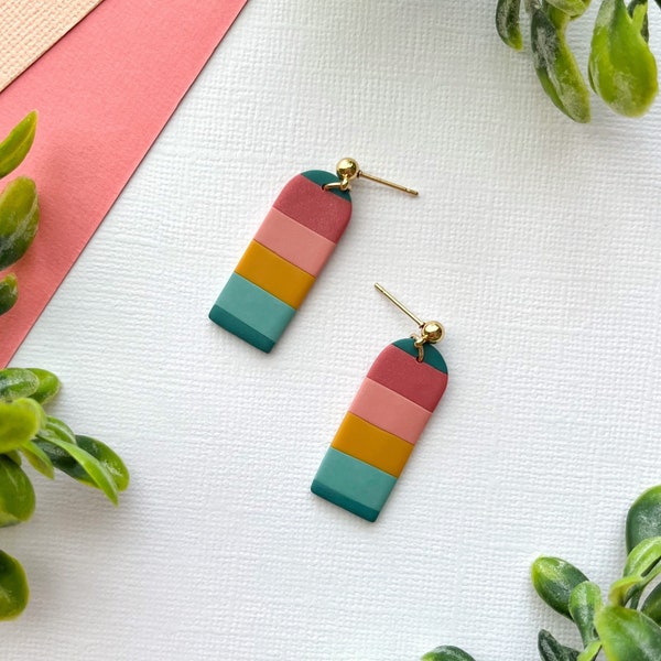 Striped Mini Arches | Clay Earrings | Colorblock Mustard, Coral, Teal | Summer Groovy Vintage Retro Vibes | Polymer Clay Gold Jewelry