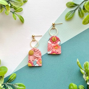 Bright Blossoms | Clay Earrings | Summer Floral Pattern | Peach, Coral, Teal, White | Groovy Vintage Retro Vibes | Polymer Clay Gold Jewelry