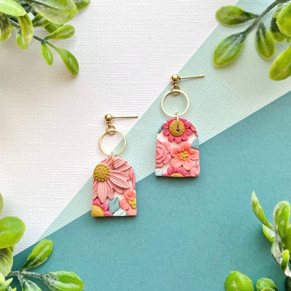 Bright Blossoms | Clay Earrings | Summer Floral Pattern | Peach, Coral, Teal, White | Groovy Vintage Retro Vibes | Polymer Clay Gold Jewelry