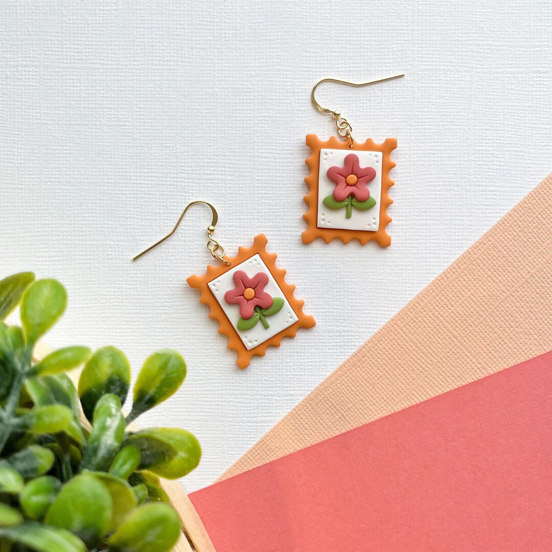 Stamp Earrings Polymer Clay Earrings Summer Floral Groovy Vintage Retro