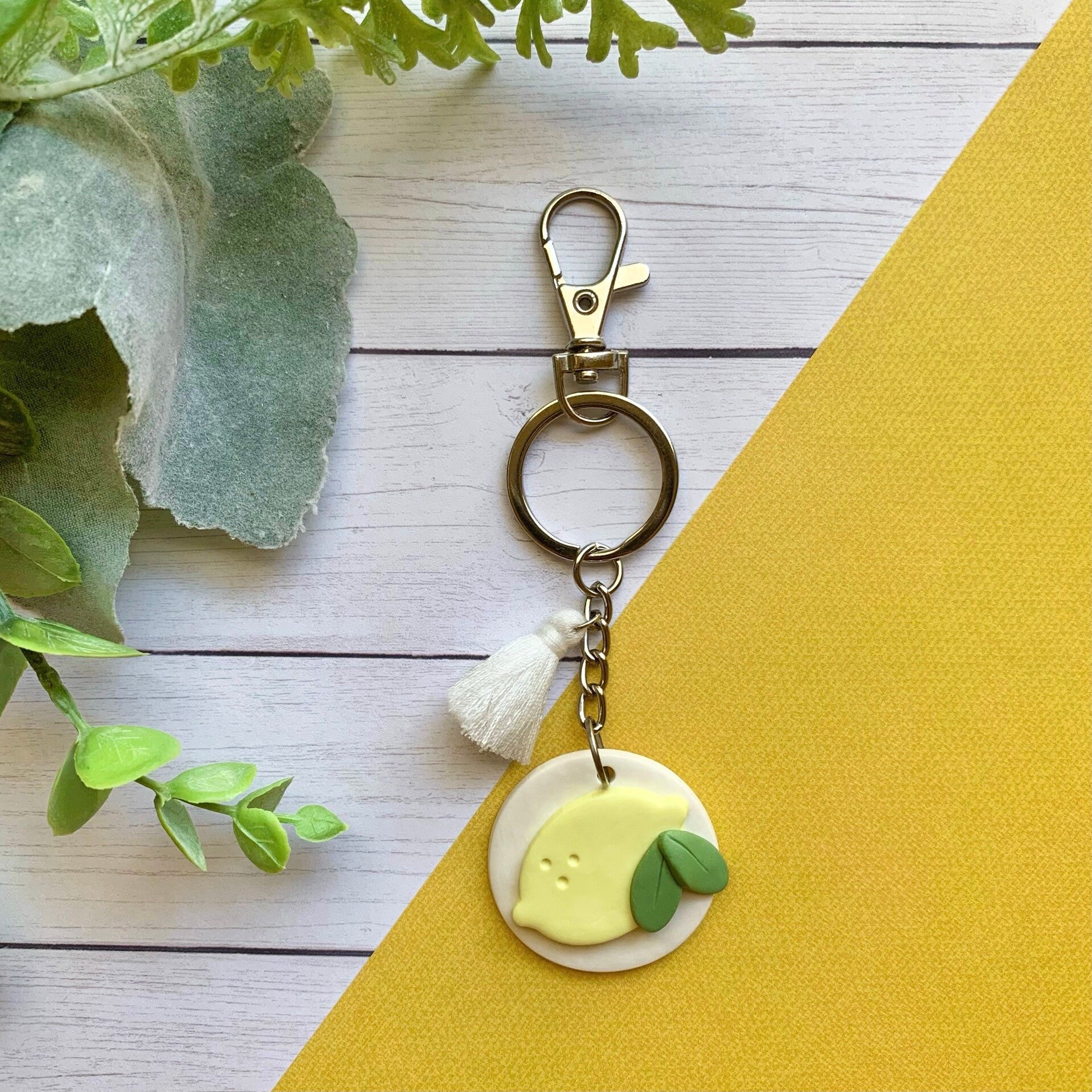 Lemon Keychain with White Tassel Polymer Clay Keychain Etsy