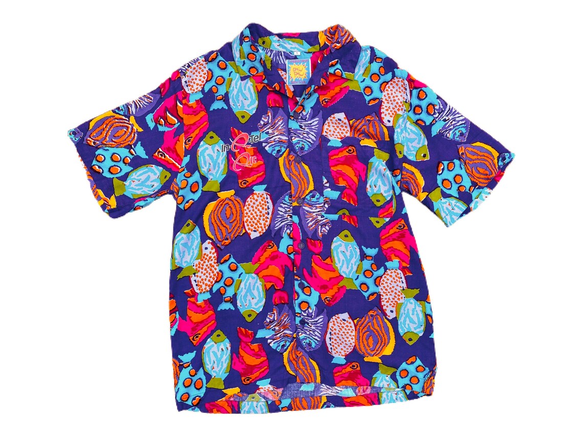 Vintage Mens Vibrant Fish Print Button Down Hawaiian Shirt | Etsy