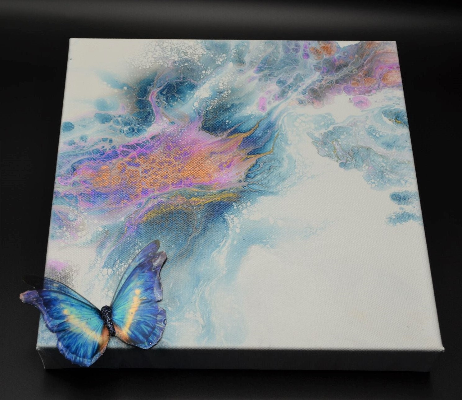 Morfo. Acrílic paint Blue Morpho Butterfly Canvas Art: Dutch Pour Acrylic Painting