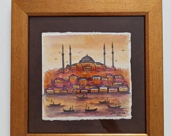 Pintura de Estambul, Santa Sofía, acuarela, paisaje urbano, obra de arte original enmarcada.