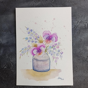 Violets and tiny wildflowers in a vase.Original Watercolor flowers Painting,Aquarelle flowers, still life, 18x25 cm, Watercolor on Paper