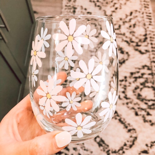Hand Painted White Daisy Flower Stemless Wine Glass Gift for Etsy